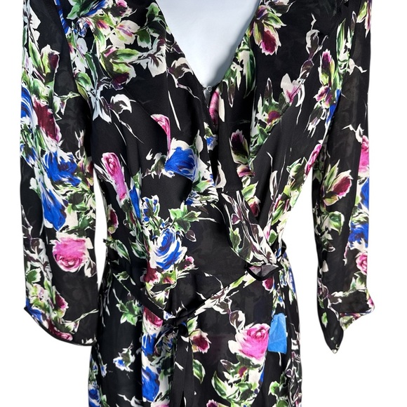 Milly 100% Silk Floral Wrap Dress - Black with Pink and Blue Accents - Picture 2 of 7